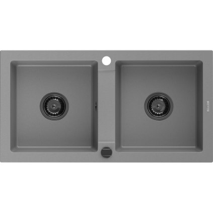 Mexen Mario, chiuveta granit 820x436x161 mm, 2 camere, gri cu sifon negru, 6504822000-71-B