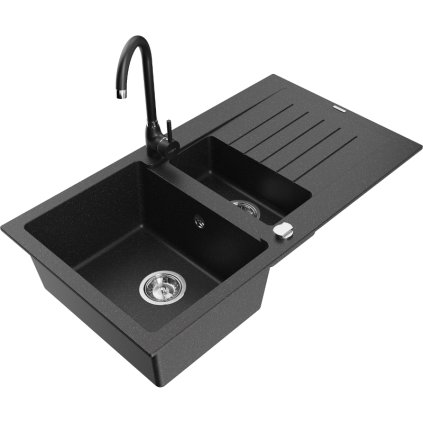 Mexen Matias, chiuveta granit 1,5 camere cu scurgere 90x50 cm si baterie bucatarie Telma, negru cu puncte argintii, 6502-73-670200-70