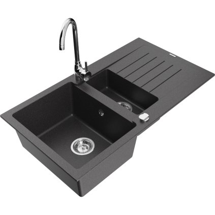 Mexen Matias, chiuveta granit 1,5 camere cu scurgere 90x50 cm si baterie bucatarie Telma, negru cu puncte argintii, 6502-76-670200-00
