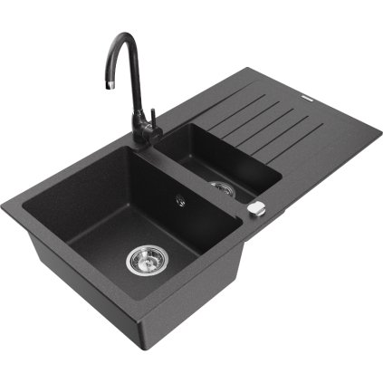 Mexen Matias, chiuveta granit 1,5 camere cu scurgere 90x50 cm si baterie de bucatarie Telma, negru cu puncte argintii, 6502-76-670200-76