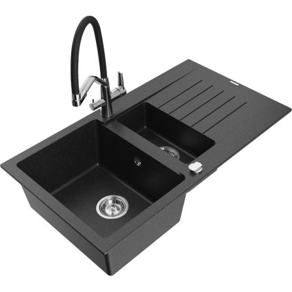 Mexen Matias, chiuveta granit 900x505x200 mm, baterie chiuveta 1,5 camere si Duo, negru-argintiu metalic, 6502-73-671701-07