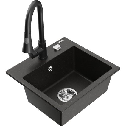 Mexen Milo, chiuveta granit cu 1 camera 435x410x171 mm si baterie chiuveta Elia, negru-auriu metalic, 6505-75-670101-70