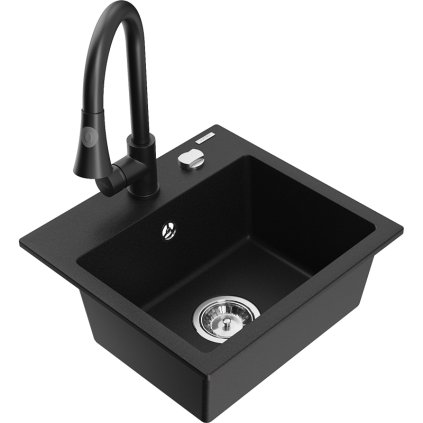 Mexen Milo, chiuveta granit cu 1 camera 435x410x171 mm si baterie chiuveta Elia, negru, 6505-77-670101-70