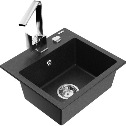 Mexen Milo, chiuveta granit cu 1 camera 435x410x171 mm si baterie cromata Rita, negru-argintiu metalic, 6505-73-670300-00