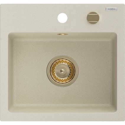 Mexen Milo, chiuveta granit 435x410x171 mm, 1 camera, bej cu sifon auriu, 6505441000-69-G
