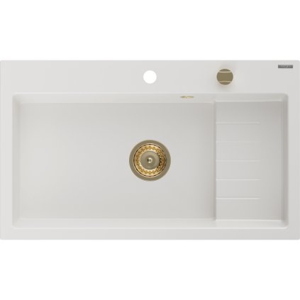 Mexen Omar, chiuveta granit cu 1 camera 800x480x210 mm, alb, sifon auriu, 6520801005-20-G