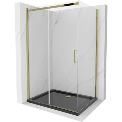 Mexen Omega, cabină de duș cu ușă glisantă 120 (uşă) x 80 (perete) cm, sticlă transparentă 8 mm, profil auriu + cadă de duș subțire neagră + sifon auriu, 825-120-080-50-00-4070G