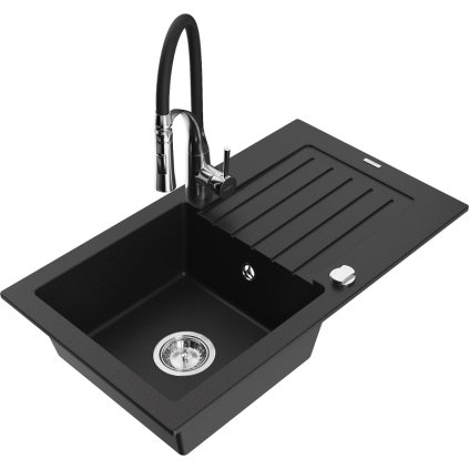 Mexen Pablo, chiuvetă granit cu 1 cameră 752x436x161 mm și robinet chiuvetă Aster, negru, 6510-77-73450-07