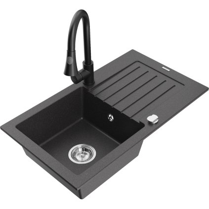 Mexen Pablo, chiuvetă granit cu 1 cameră 752x436x161 mm și baterie chiuvetă Elia, pete negre, 6510-76-670101-70