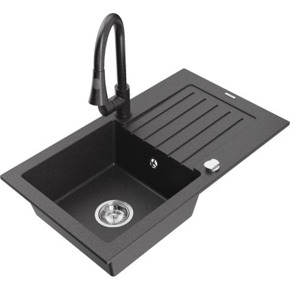 Mexen Pablo, chiuveta granit cu 1 camera 752x436x161 mm si baterie chiuveta Elia, pete negre, 6510-76-670101-76