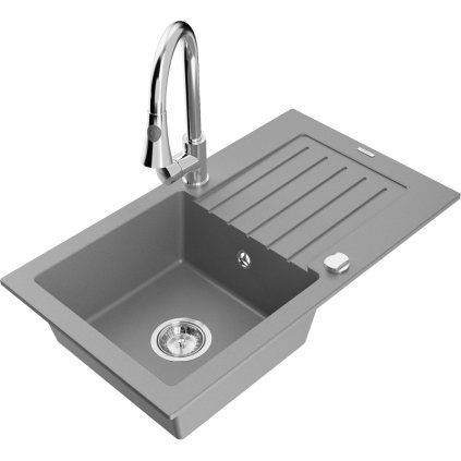 Mexen Pablo, chiuveta granit cu 1 camera 752x436x161 mm si baterie chiuveta Elia, gri, 6510-71-670101-00