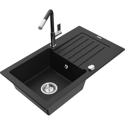 Mexen Pablo, chiuvetă granit cu 1 cameră 752x436x161 mm și baterie pentru chiuvetă Flora, negru, 6510-77-670401-07