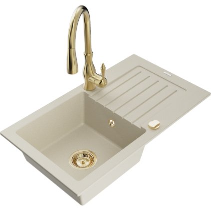 Mexen Pablo, chiuveta granit 1 camera 752x436x161 mm si baterie chiuveta Savita, bej, 6510-69-672601-50