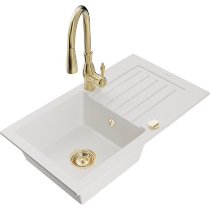 Mexen Pablo, chiuveta granit 1 camera 752x436x161 mm si baterie chiuveta Savita, alb, 6510-20-672601-50