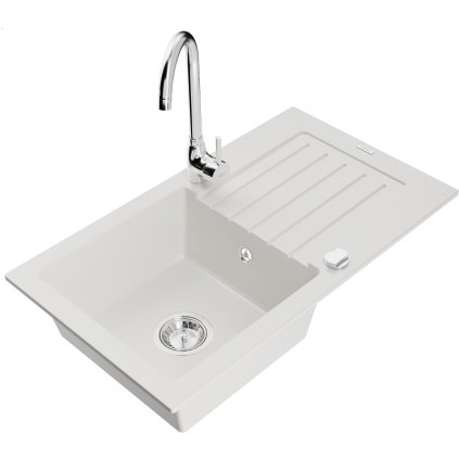 Mexen Pablo, chiuveta granit 1 camera cu scurgere 75x44 cm si robinet de bucatarie Telma, alb, 6510-20-670200-00