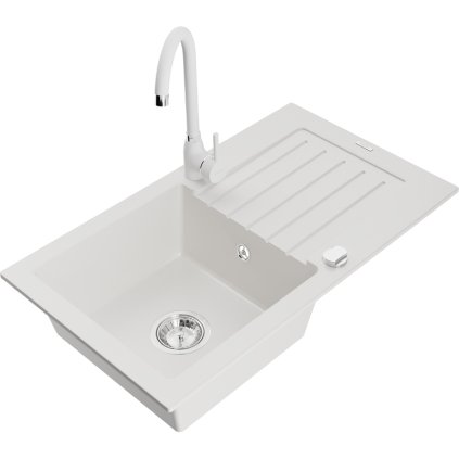 Mexen Pablo, chiuveta granit 1 camera cu scurgere 75x44 cm si robinet de bucatarie Telma, alb, 6510-20-670200-20