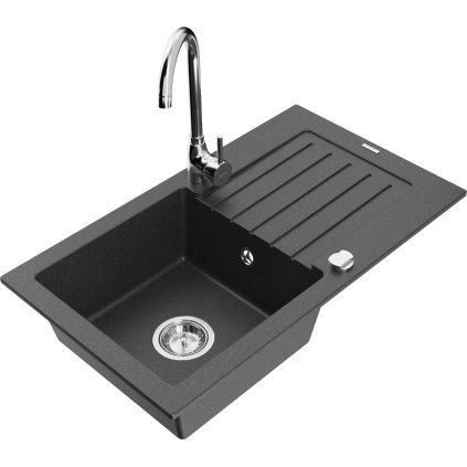Mexen Pablo, chiuveta granit cu 1 camera cu scurgere 75x44 cm si robinet de bucatarie Telma, negru patat, 6510-76-670200-00
