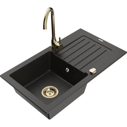 Mexen Pablo, chiuveta granit 1 camera cu scurgere 75x44 cm si robinet de bucatarie Telma, negru-auriu, 6510-75-670200-50