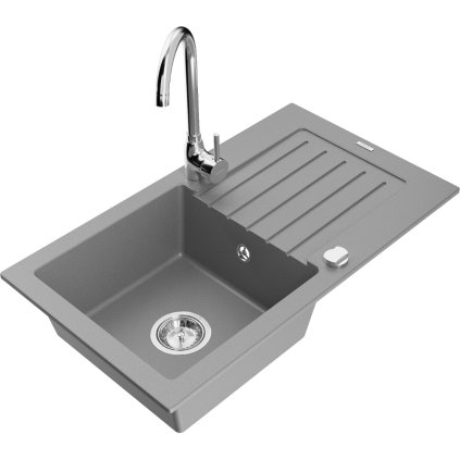 Mexen Pablo, chiuveta granit 1 camera cu scurgere 75x44 cm si robinet de bucatarie Telma, gri, 6510-71-670200-00