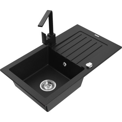 Mexen Pablo, chiuveta granit 752x436x161 mm, 1 camera si robinet negru Rita, negru, 6510-77-670300-70