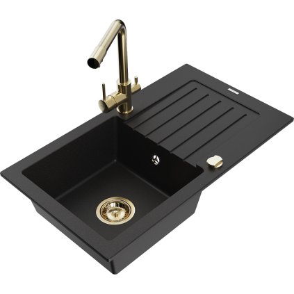 Mexen Pablo, chiuveta granit 752x436x161 mm, robinet cu 1 camera si auriu Duero, negru, 6510-77-671600-50