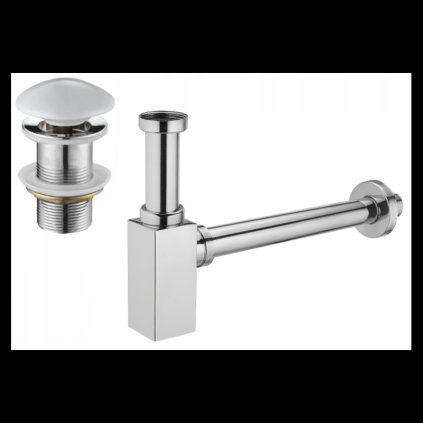 Membru Mexen, Sifon pătrat pentru chiuvetă cu dop ceramic click-clack, fără preaplin, crom - alb, 7991060-02