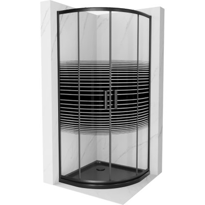 Mexen Rio, duș pătrat cu ușă glisantă 90(uşă) x 90(uşă) x 190 cm, sticlă transparentă de 6 mm cu benzi, profil negru + cadă de duș neagră Slim, 863-090-090-70-20-4170B