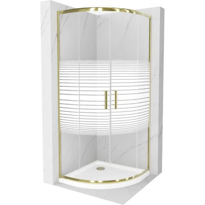 Mexen Rio, duș pătrat cu ușă glisantă 90(uşă) x 90(uşă) x 190 cm, sticlă transparentă de 6 mm cu benzi, profil auriu + cadă de duș SLIM albă, 863-090-090-50-20-4110G