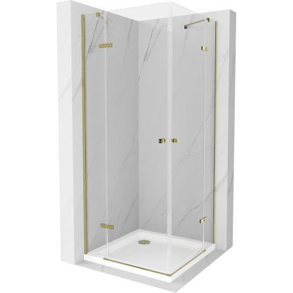 Mexen Roma Duo, cabină de duș 70 (uşă) x 70 (uşă) cm, sticlă transparentă 6 mm, profil auriu + cadă de duș subțire 5 cm albă + sifon auriu, 854-070-070-50-02-4010G