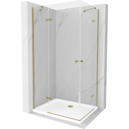 Mexen Roma Duo, cabină de duș 90 (uşă) x 80 (uşă) cm, sticlă transparentă 6 mm, profil auriu + cadă de duș subțire 5 cm albă + sifon auriu, 854-090-080-50-02-4010G