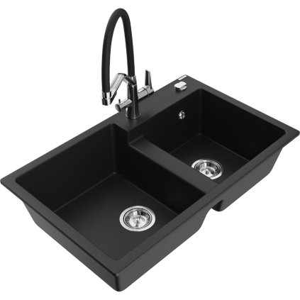 Mexen Tomas, chiuveta granit cu 2 camere 800x500x190 mm si baterie de bucatarie Duo, negru, 6516-77-671701-07