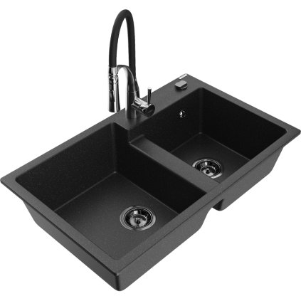 Mexen Tomas, chiuveta granit cu 2 camere 800x500x190 mm si baterie chiuveta Aster, negru-argintiu metalic, 6516-73-73450-07-B