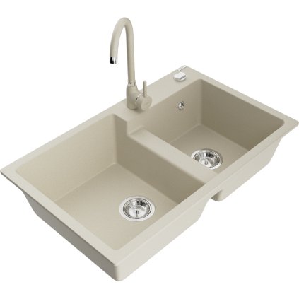 Mexen Tomas, chiuveta granit 800x500x190 mm, 2 camere si baterie Telma bej, bej, 6516-69-670200-69