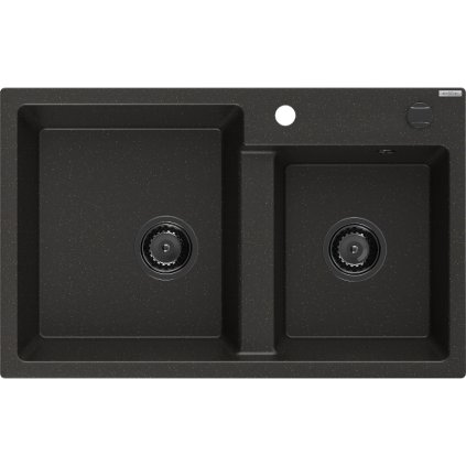 Mexen Tomas, chiuveta granit 800x500x190 mm, 2 camere, negru-auriu metalic cu sifon negru, 6516802000-75-B