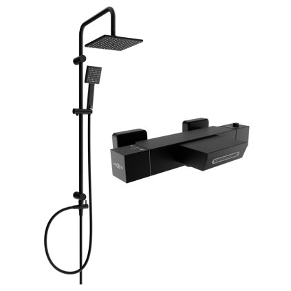 Mexen Tord, set de duș cu duș cu efect de ploaie și robinet termostatic pentru baie CUBE, negru mat, 77360200-70