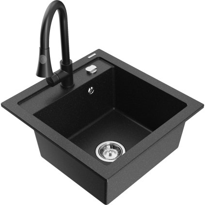 Mexen Vito, chiuveta granit 1 camera 490x520x210 mm si baterie chiuveta Elia, negru-argintiu metalic, 6503-73-670101-70