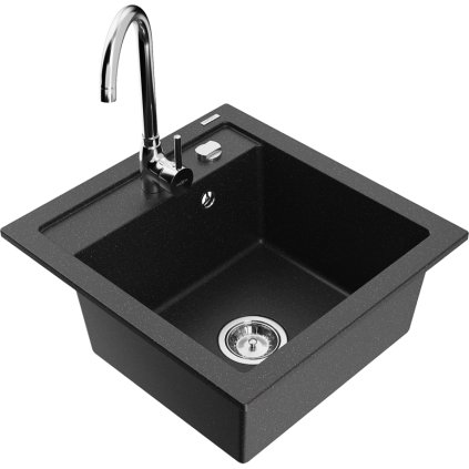 Mexen Vito, chiuvetă din granit cu 1 cameră și robinet de bucătărie Telma, negru-argintiu metalic, 6503-73-670200-00