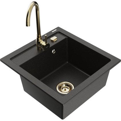 Mexen Vito, chiuvetă din granit cu 1 cameră și robinet de bucătărie Telma, negru-auriu metalic, 6503-75-670200-50