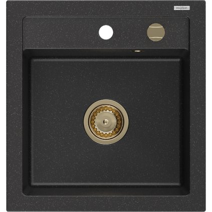 Mexen Vito, chiuveta granit 520x490x210 mm, 1 camera, negru-argintiu metalic cu sifon auriu, 6503521000-73-G