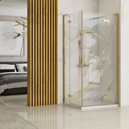 Rea Hugo, cabină de duș cu uși cu 2 aripi 100 (uşă) x 100 (uşă) x 200 cm, sticlă transparentă de 6 mm, profil auriu mat, REA-K6605