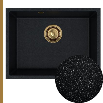 Chiuveta Quality Crypton 60, chiuveta granit bucatarie 535x400x205 mm + sifon auriu, pete negre, SKQ-CRY.B.1KBO.60.XG