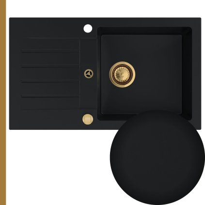 Chiuveta Quality Natalie, chiuveta granit bucatarie 770x450x170 mm + sifon auriu, negru, SKQ-NAT.C.1KDO.XG