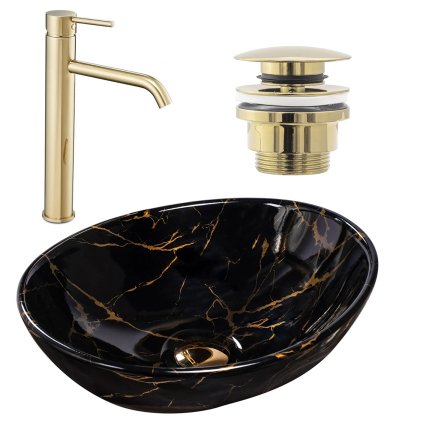 Rea Sofia, set chiuvetă cu model de marmură neagră + robinet înalt Lungo auriu lucios + dop de scurgere universal, KPL-09994