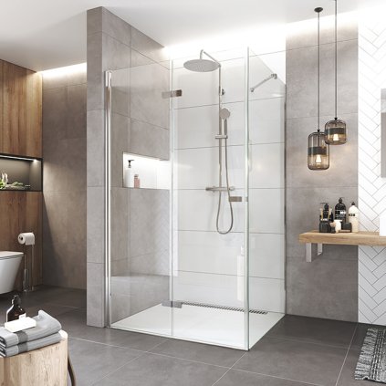 Mereo, cabină de duș de colț Novea, dreptunghi, ușă stângă și parte fixă, sticlă transparentă, MER-CK12833ZL
