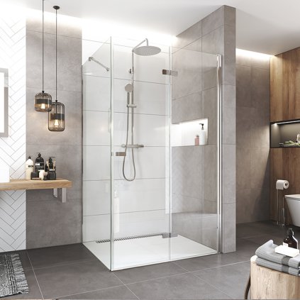 Mereo, cabină de duș de colț Novea, dreptunghi, ușă dreaptă și parte fixă, crom ALU, sticlă transparentă, MER-CK12853ZP
