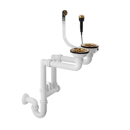 Gamma, sifon automat cu 2 camere pentru chiuvete din granit cu preaplin rotund, auriu lucios, GMA-1A22GD