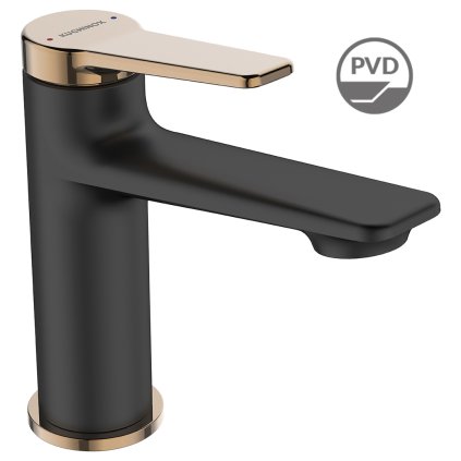 Kuchinox Alanis, robinet pentru lavoar cu dop de scurgere ClickClack h-146, negru-aur roz, LAV-BQI_822D