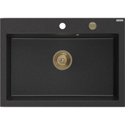 Mexen Elix, chiuvetă granit cu 1 vas 700 x 500 mm, negru/argintiu metalic, sifon auriu, 6526701005-73-G