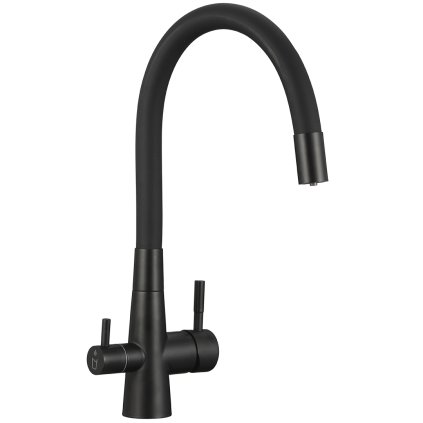 Laveo Riveco, baterie înaltă pentru chiuvetă cu cioc flexibil și racord pentru apă filtrată, negru mat, LAV-BRI_B68D