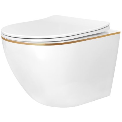 Rea Carlo Mini Tornado NF, vas WC suspendat 490x365x350mm + capac WC, margine alb-aurie, REA-C6806